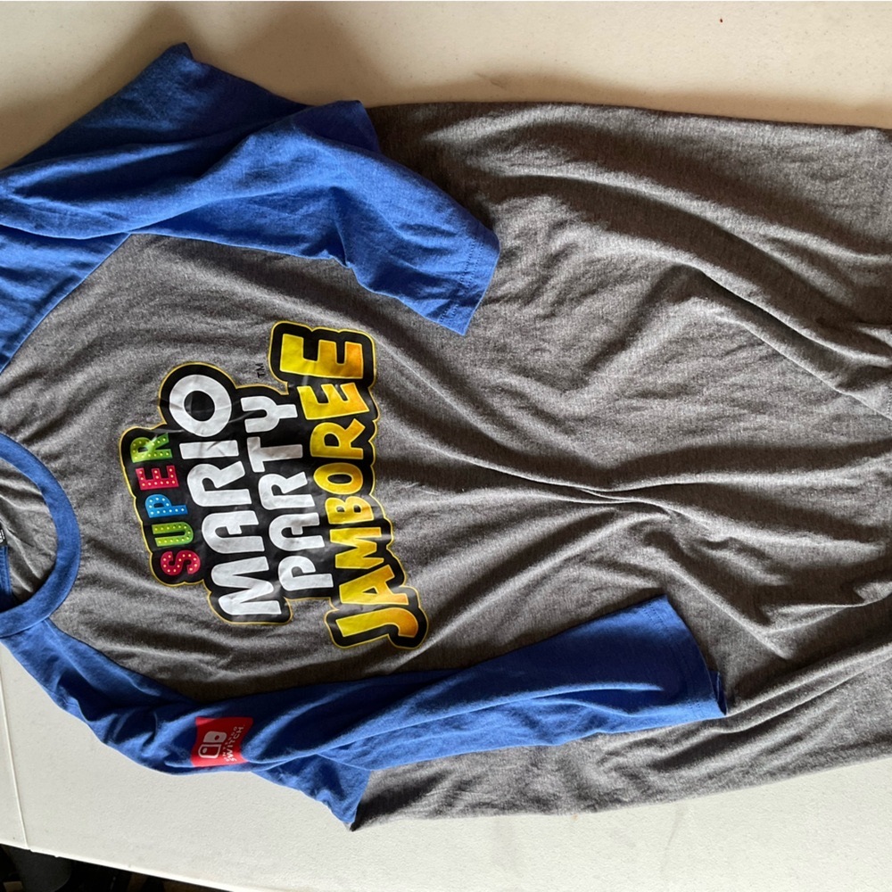 Men’s Nintendo Party Jamboree Kids Raglan Shirt - Gray and Blue adult size large